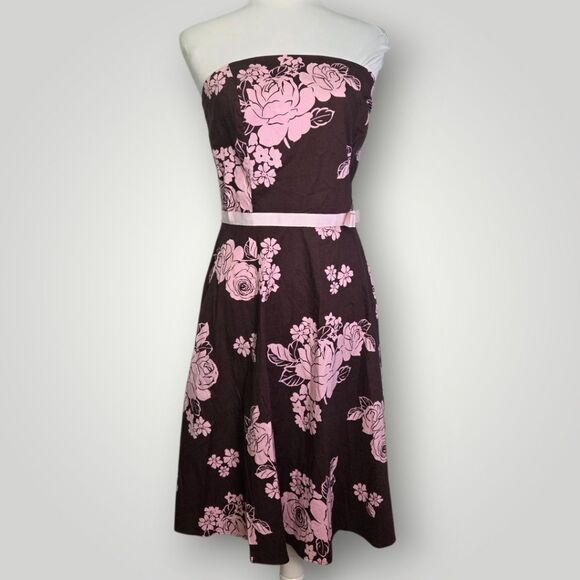 Y2K Strapless Floral Dress Pink Brown Bow Detail Size 9 - Picture 1 of 7